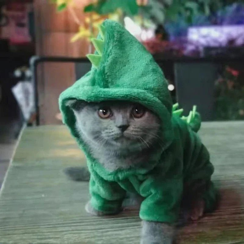 Cat wearing a green dinosaur costume sitting on a table.