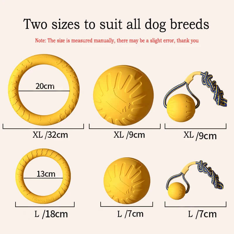 Yellow dog toys with measurements for different sizes on a white background