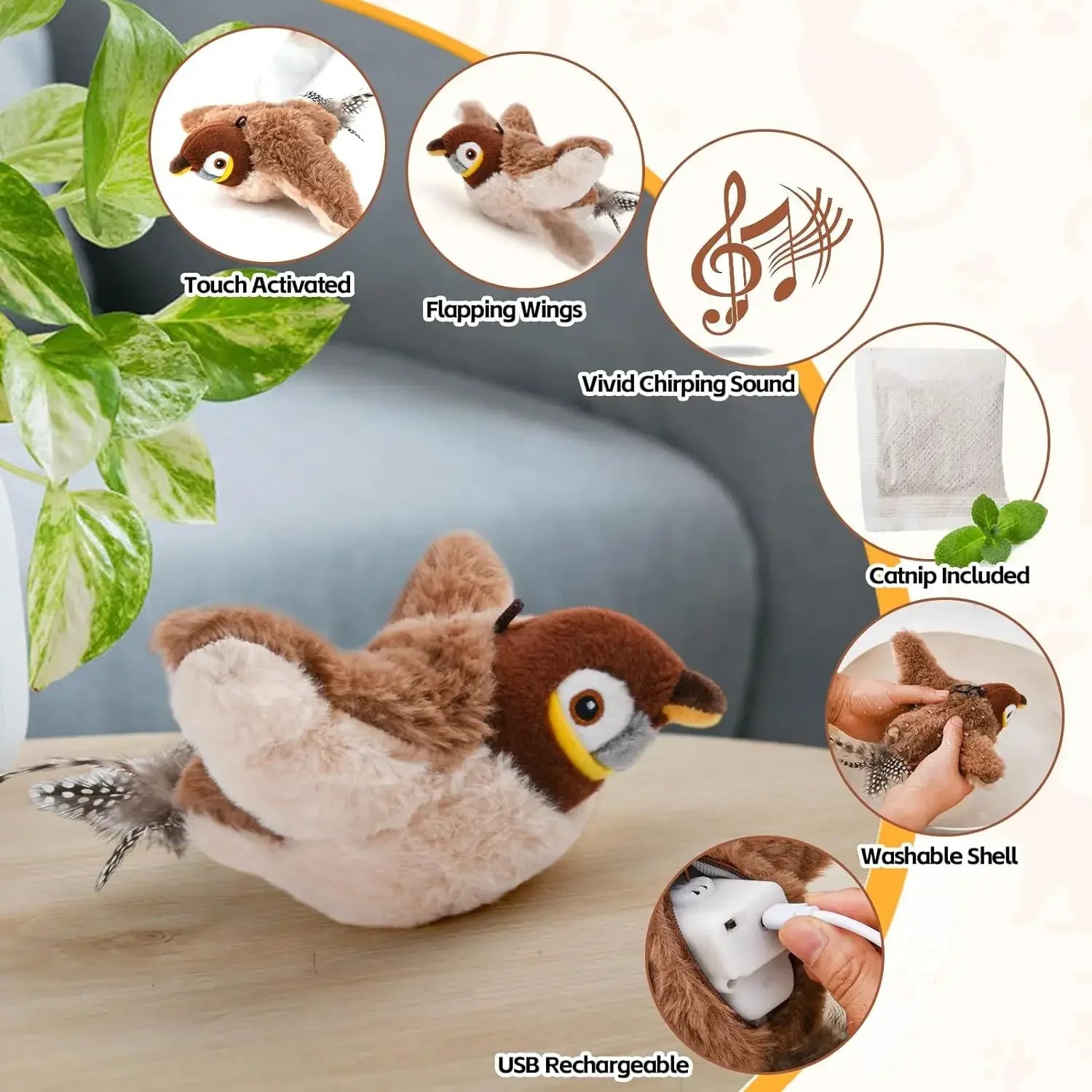 Plush bird toy with features highlighted on a light background