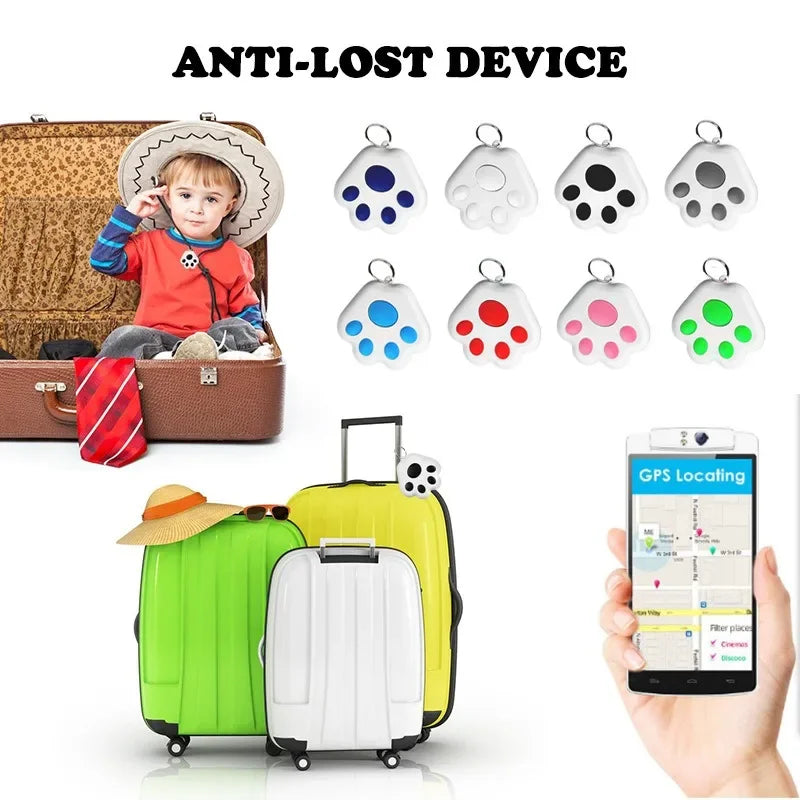 Anti-lost device with paw prints, child in suitcase, colorful suitcases, and phone with GPS app.