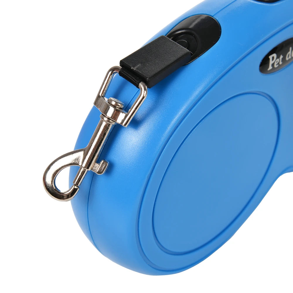 Blue dog leash with metal clip on a white background