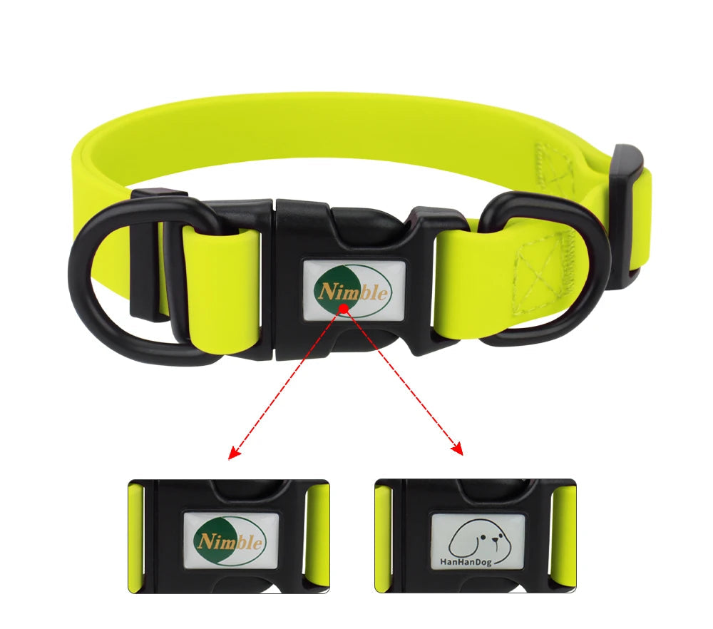 Neon green dog collar with black hardware on a white background, featuring the Nimble brand logo.