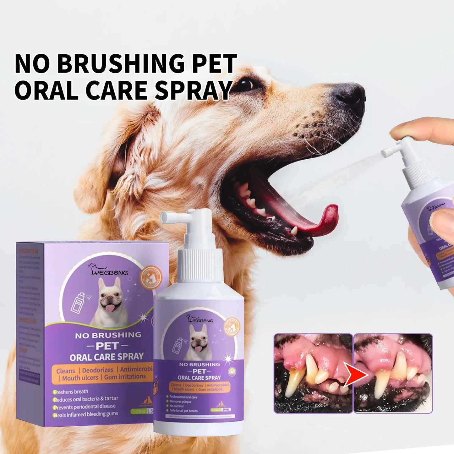 Dog receiving a pet oral care spray with packaging and before-and-after images on a white background
