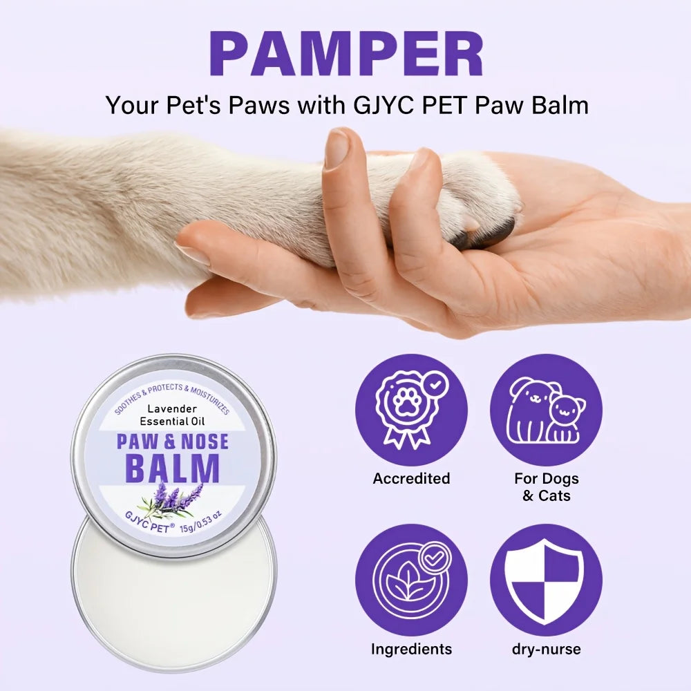 Pet paw balm with a hand holding a dog's paw, branded as GJYC PET