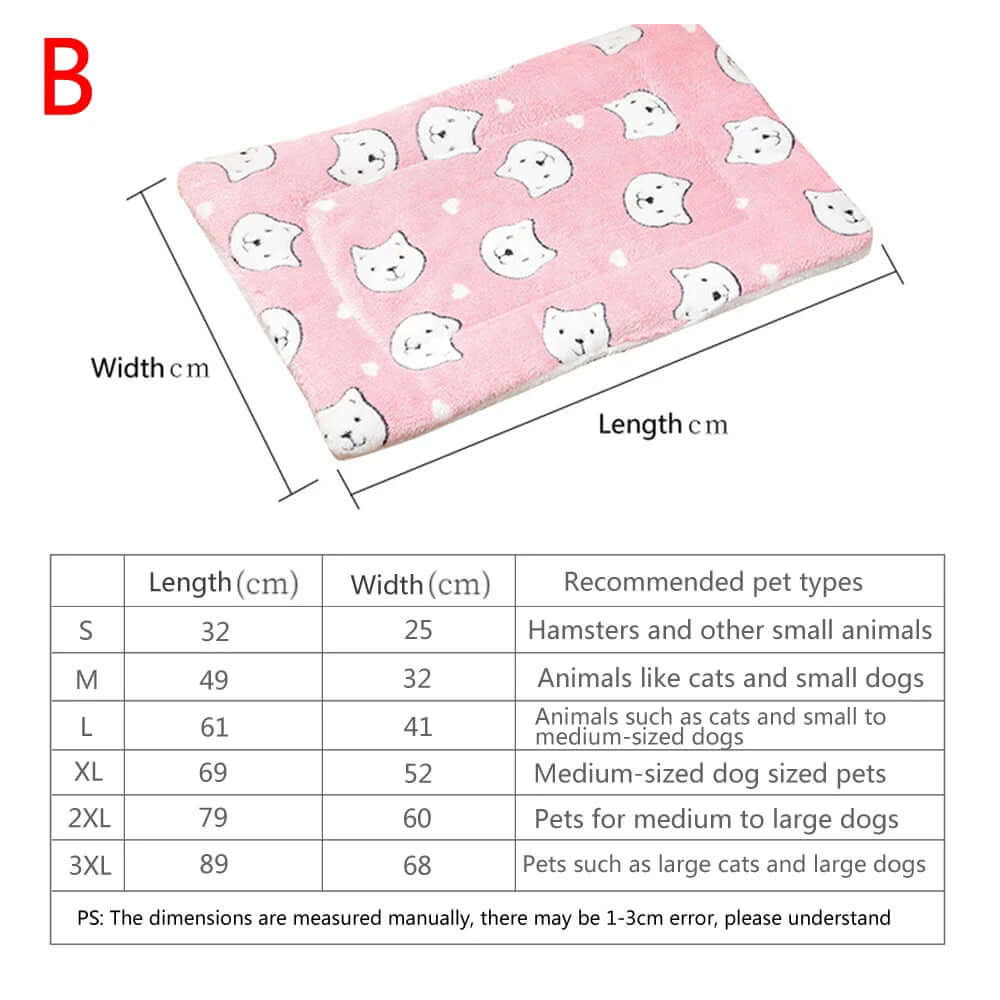 Pink pet bed with white dog pattern and size chart below