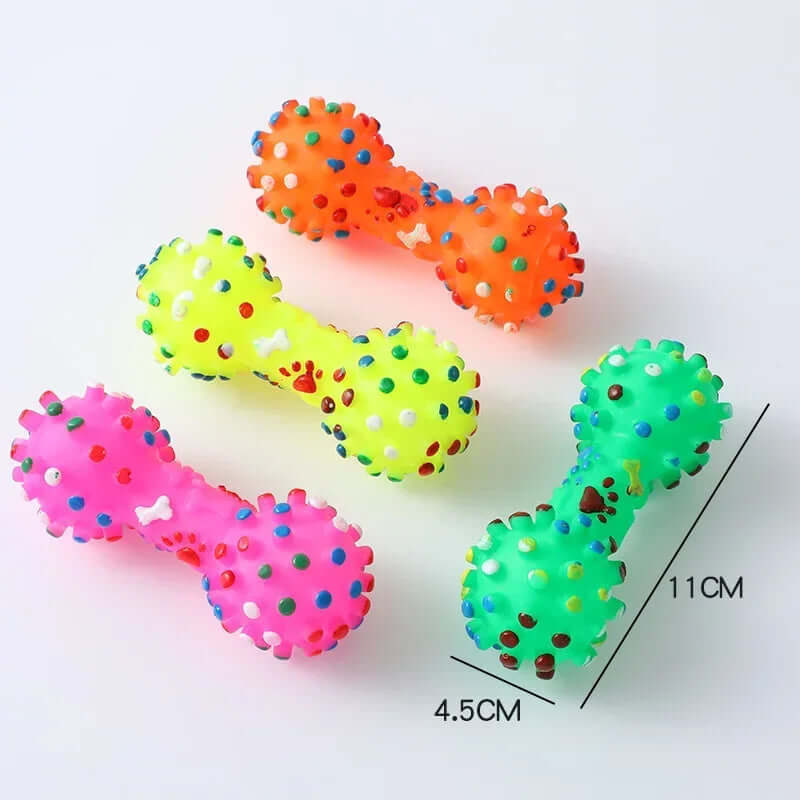 Colorful rubber dog toys shaped like dumbbells on a white background with measurements.