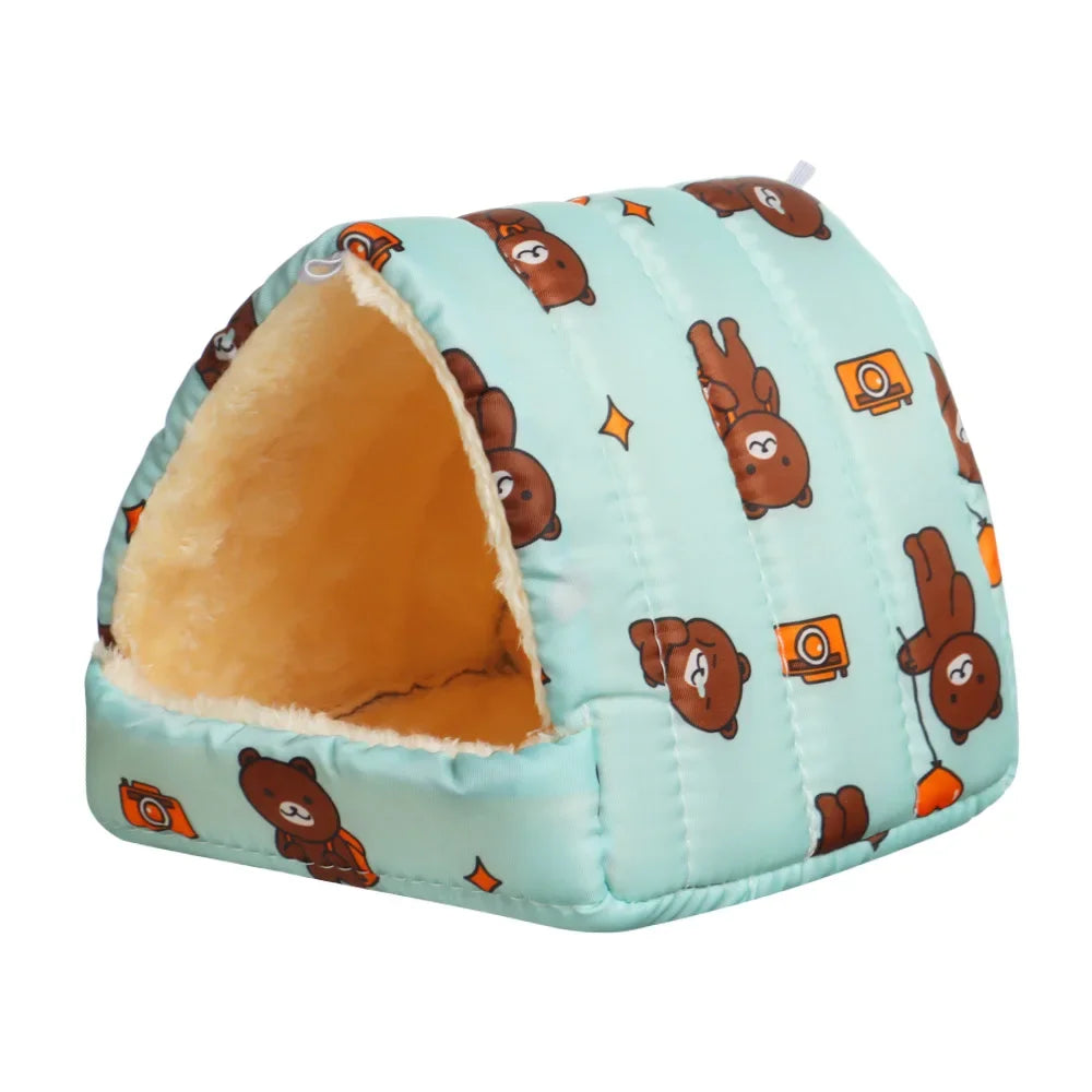 Pet bed with cartoon bear pattern on a light blue background