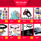 Cat products including harnesses, collars, and grooming tools on a red background with 'Best Selling' text.