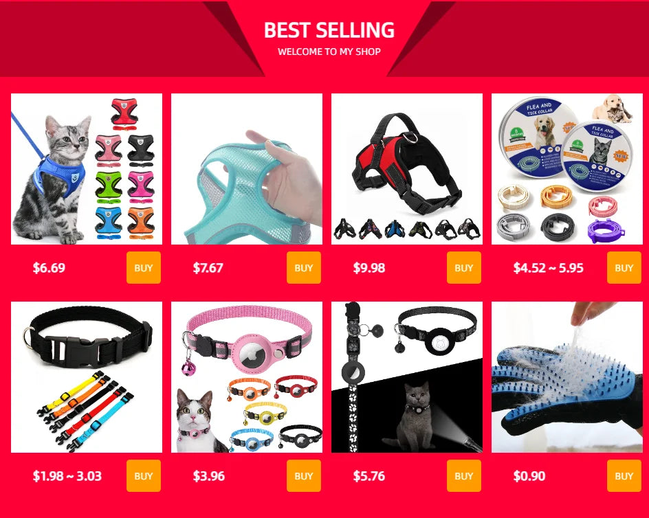 Cat products including harnesses, collars, and grooming tools on a red background with 'Best Selling' text.
