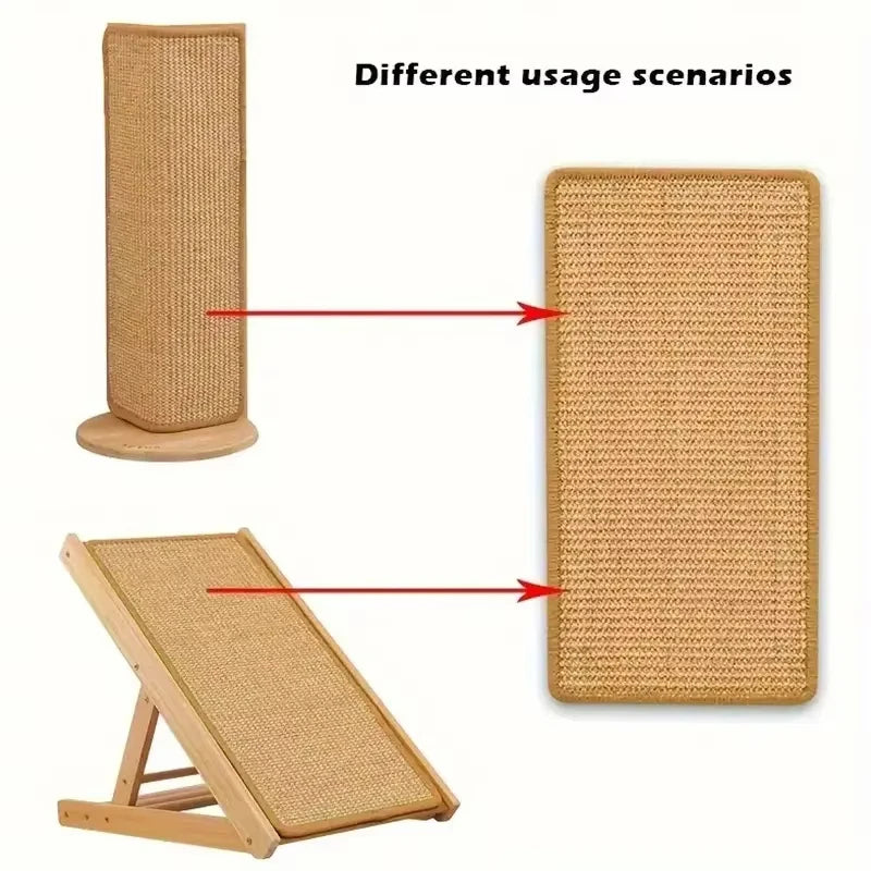 Three different cat scratchers with text 'Different usage scenarios' on a white background.