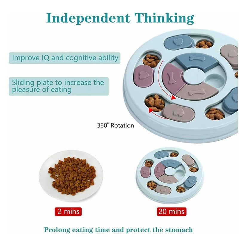 Pet puzzle feeder with text highlighting features and benefits