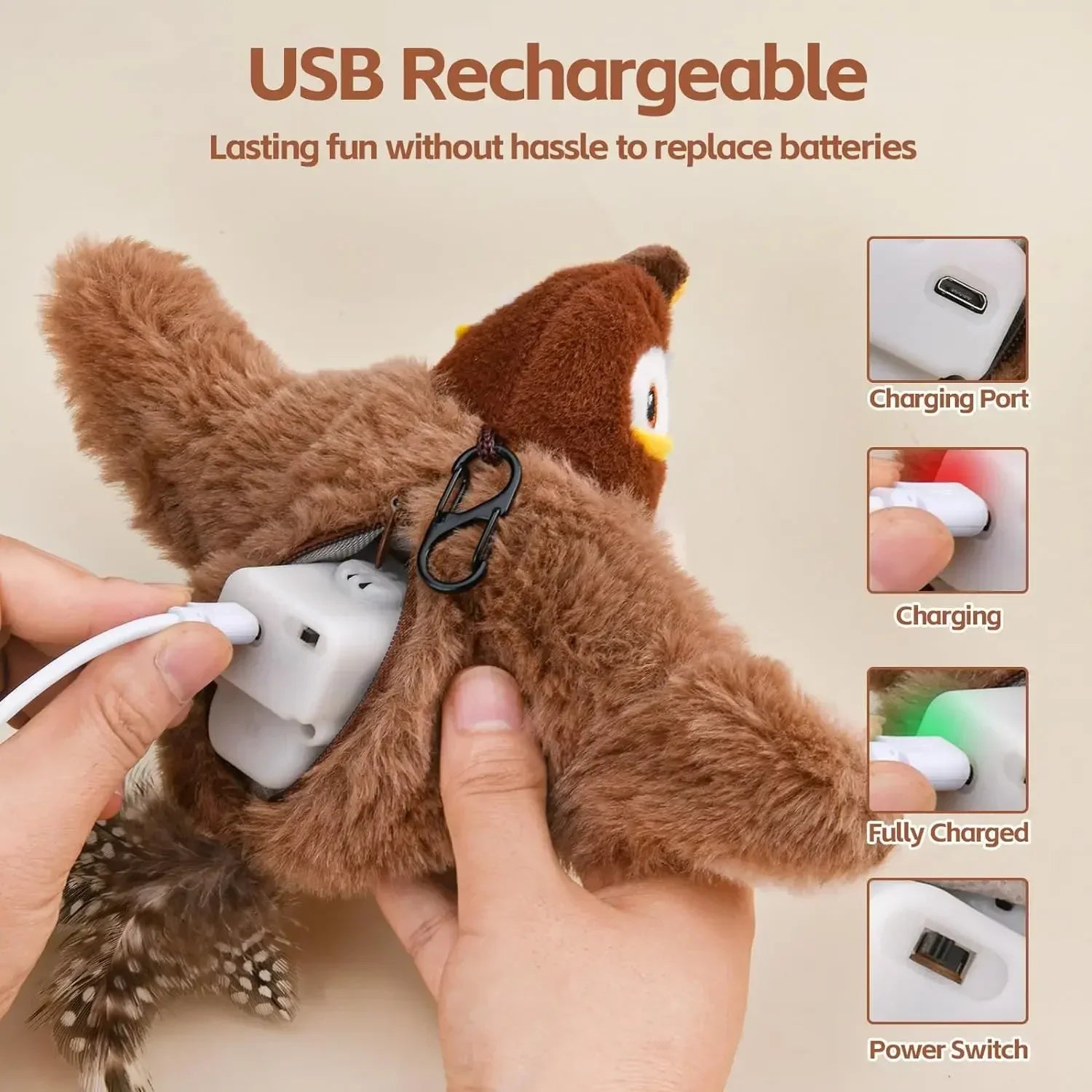 USB rechargeable toy with charging port and power switch illustration