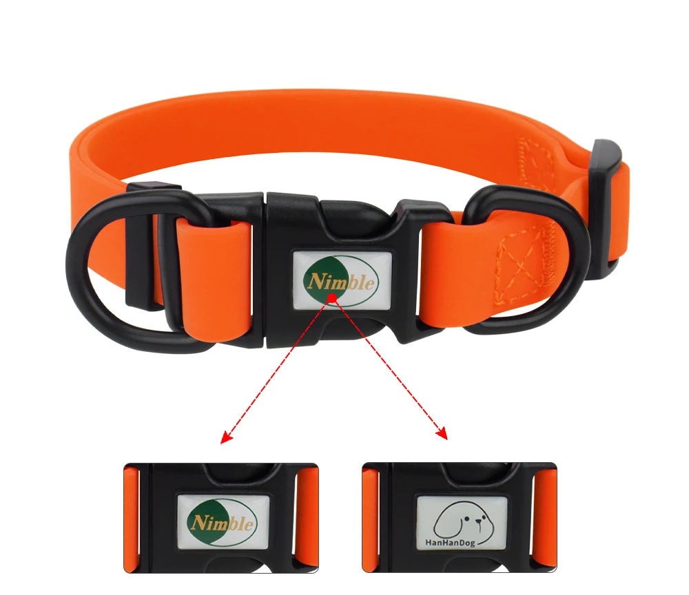 Orange dog collar with black buckle and Nimble logo on a white background