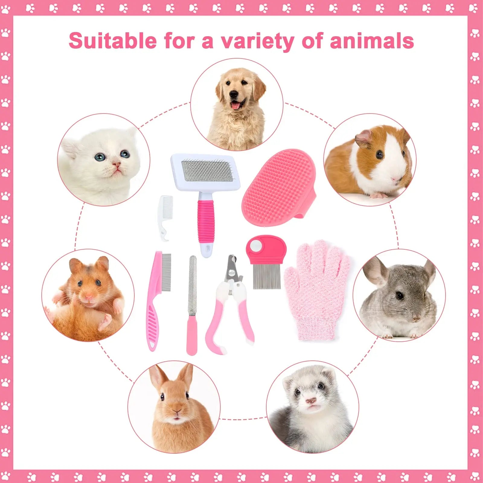 Pet grooming tools with images of various animals on a pink background