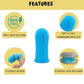 Blue silicone cleaning tool with features listed on a yellow background