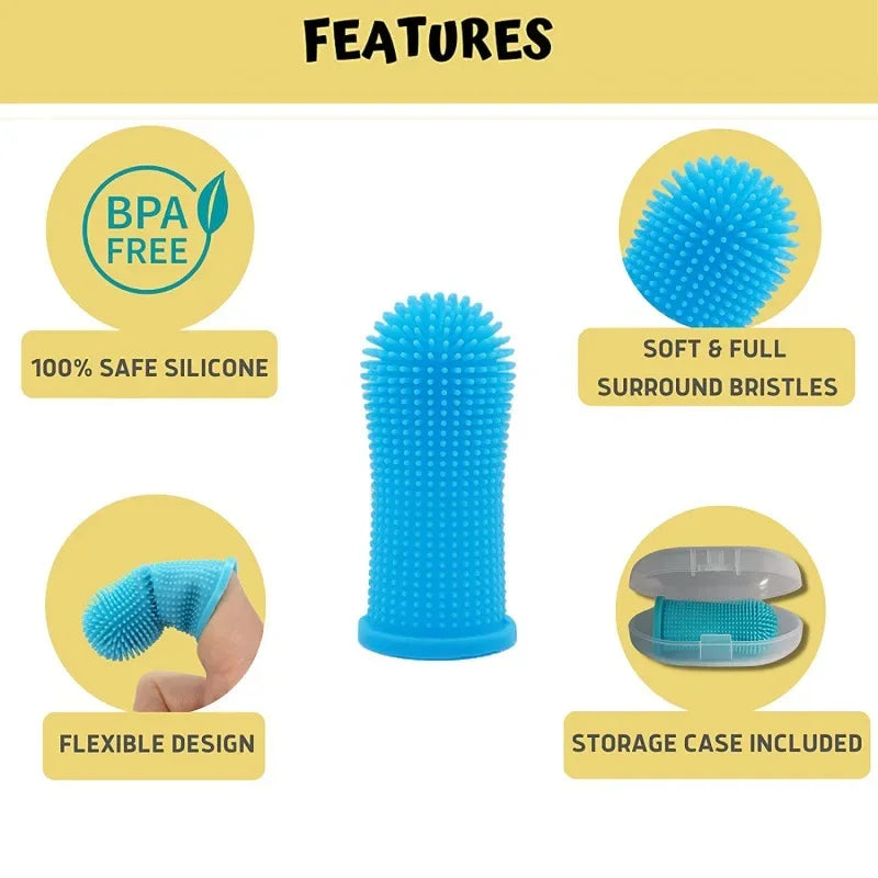 Blue silicone cleaning tool with features listed on a yellow background