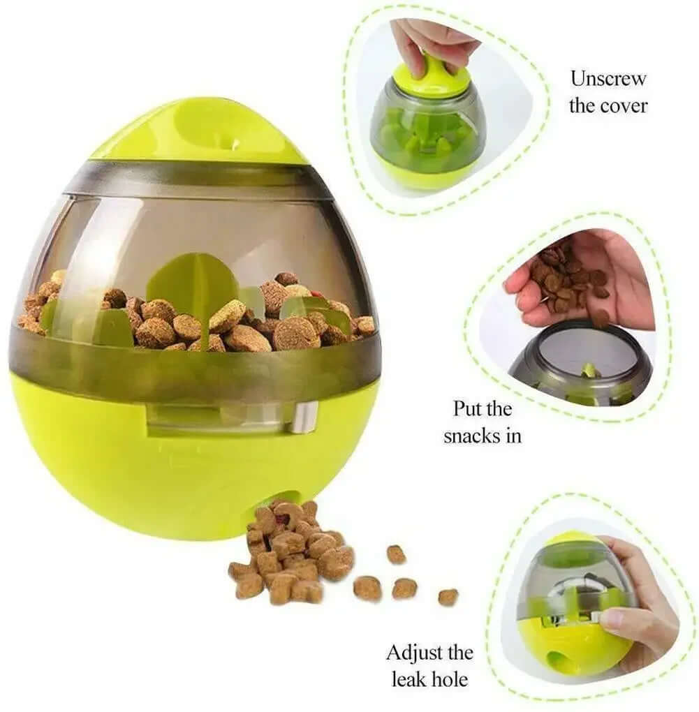 Green pet toy with food inside, showing how to use it.