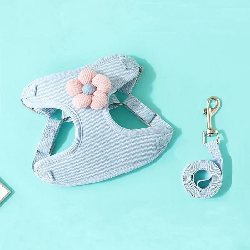 Light blue dog harness with a pink flower and matching leash on a light blue background