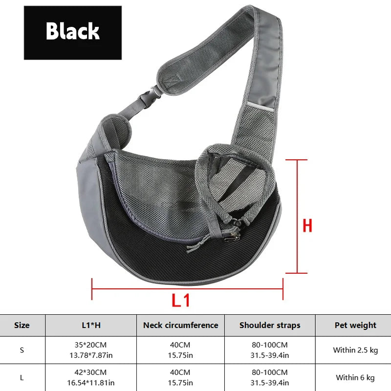 Gray pet sling with black interior, measurements, and size chart on a white background