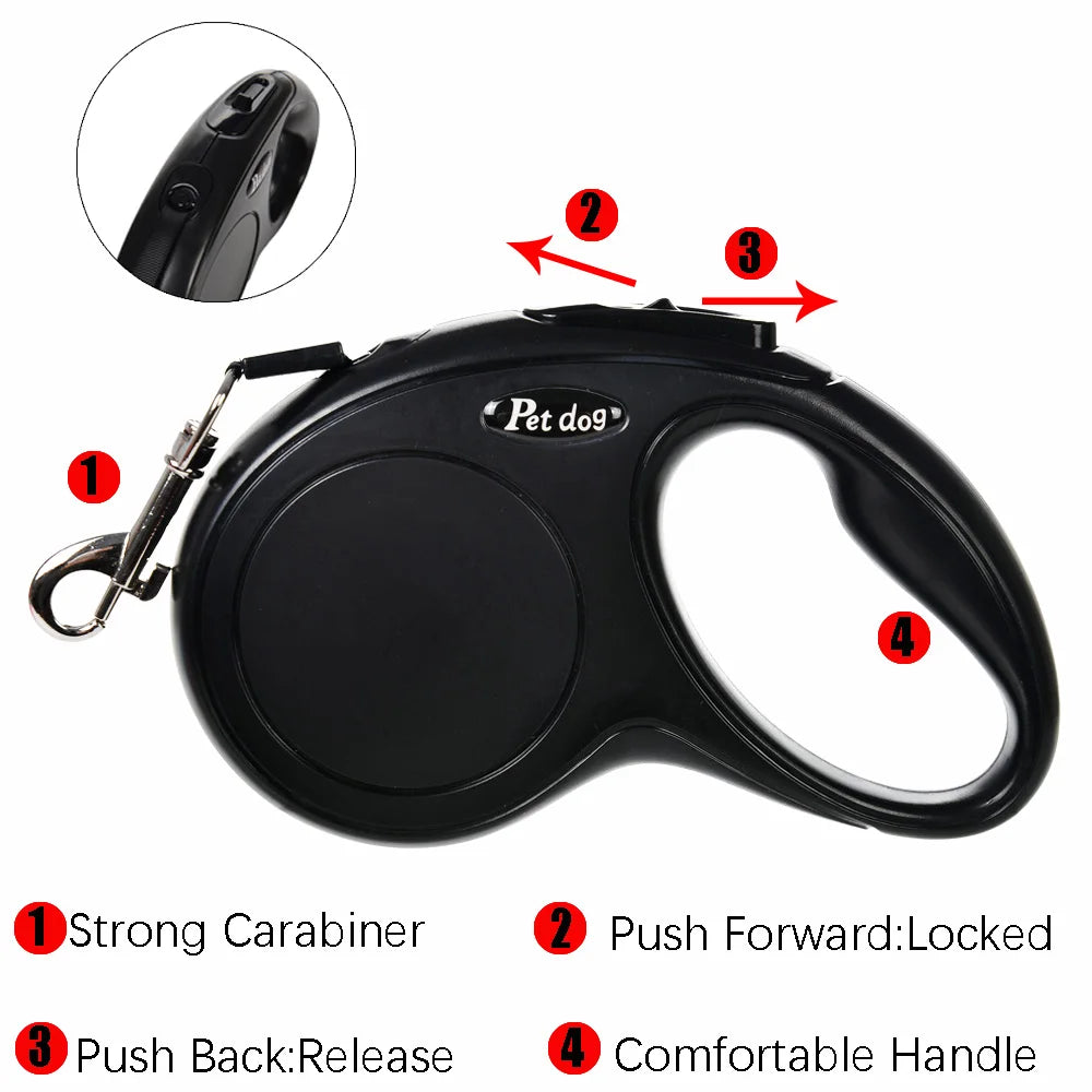 Black retractable dog leash with features highlighted on a white background