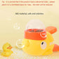 Yellow duck-shaped pet food container with text about ABS material on a yellow background