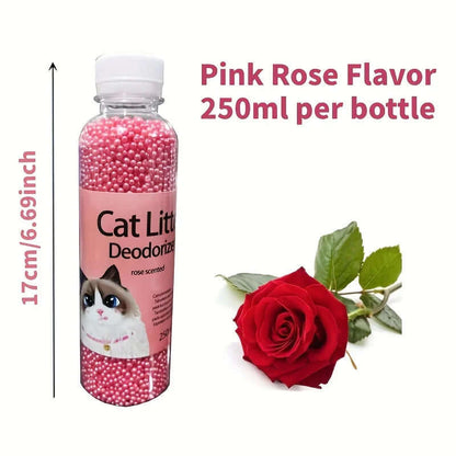 Cat litter deodorizer bottle with pink beads, rose scent, and a red rose on a white background.