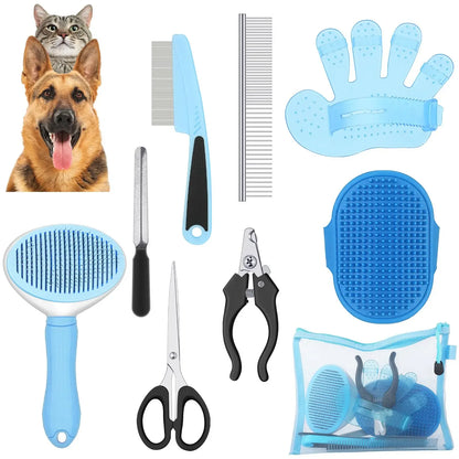 Set of pet grooming tools including combs, scissors, and gloves on a white background.