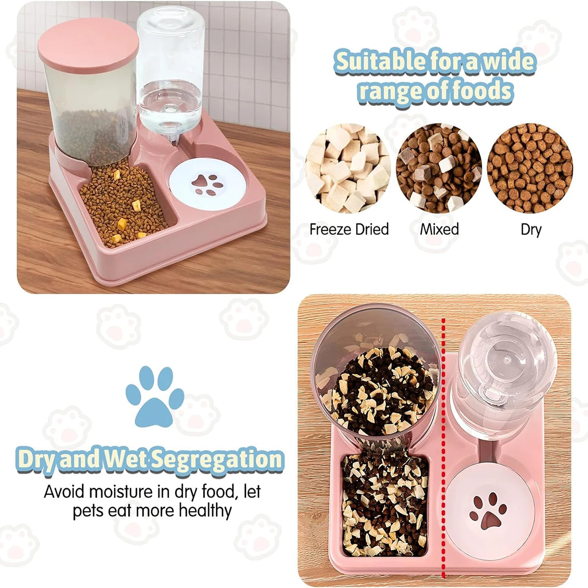 Pet feeding station with food and water compartments, suitable for various food types.