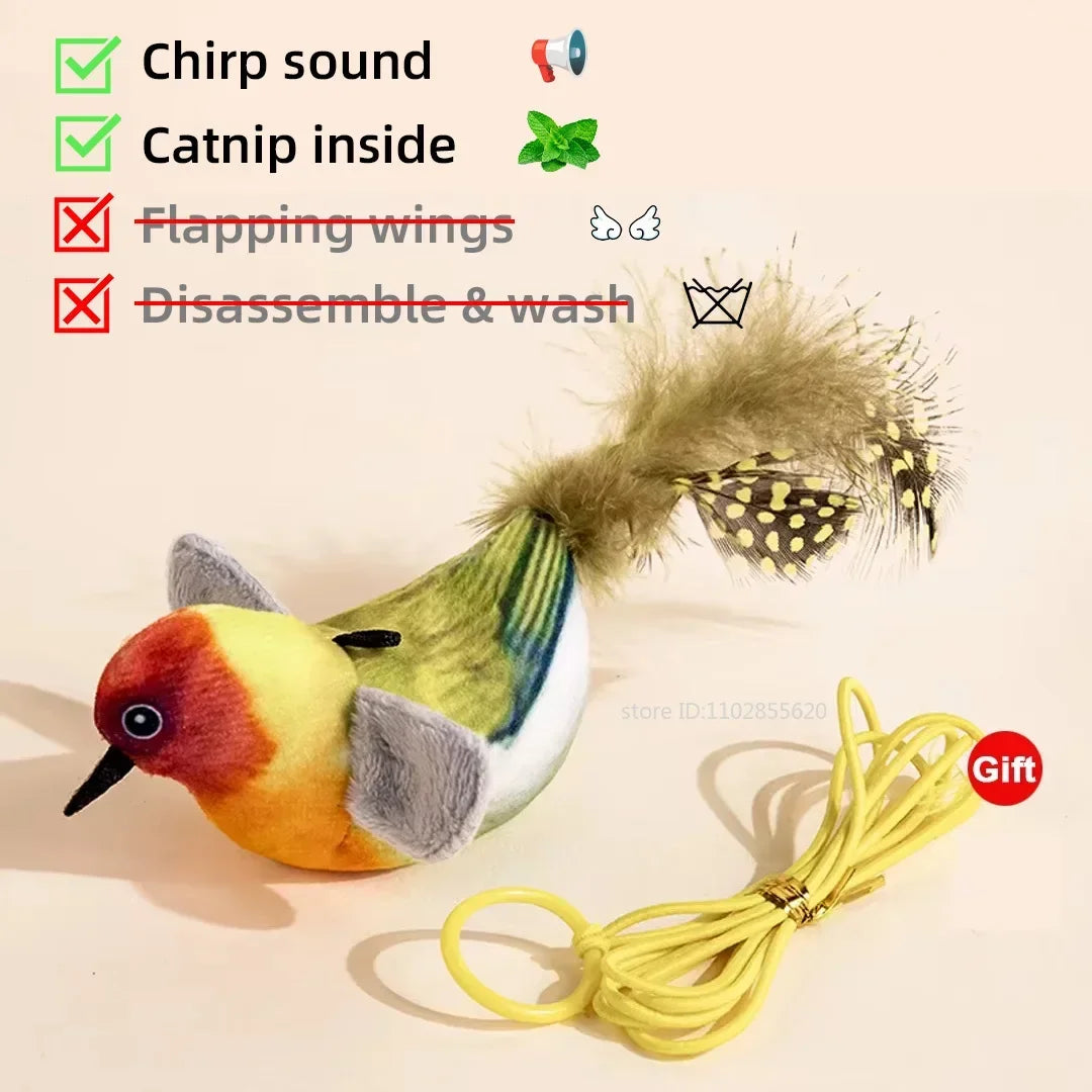 Toy bird with feather and string on beige background, featuring text about features and care instructions.