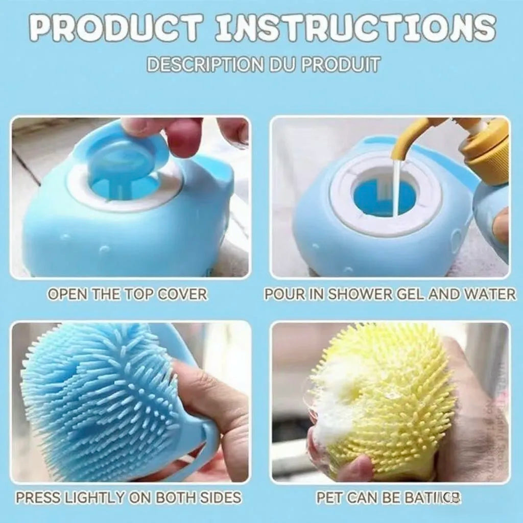 Step-by-step instructions for using a blue and yellow bath product.