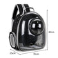 Black pet backpack with transparent bubble design and measurements on a white background