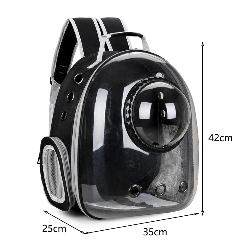 Black pet backpack with transparent bubble design and measurements on a white background