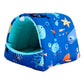 Blue pet bed with ocean-themed design on a white background