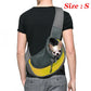 Person wearing a gray and yellow pet carrier with a small dog inside, on a white background.