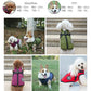 Collage of dogs wearing various jackets with product details and model information.