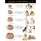 Dog bed size chart with images of dogs and corresponding bed sizes.
