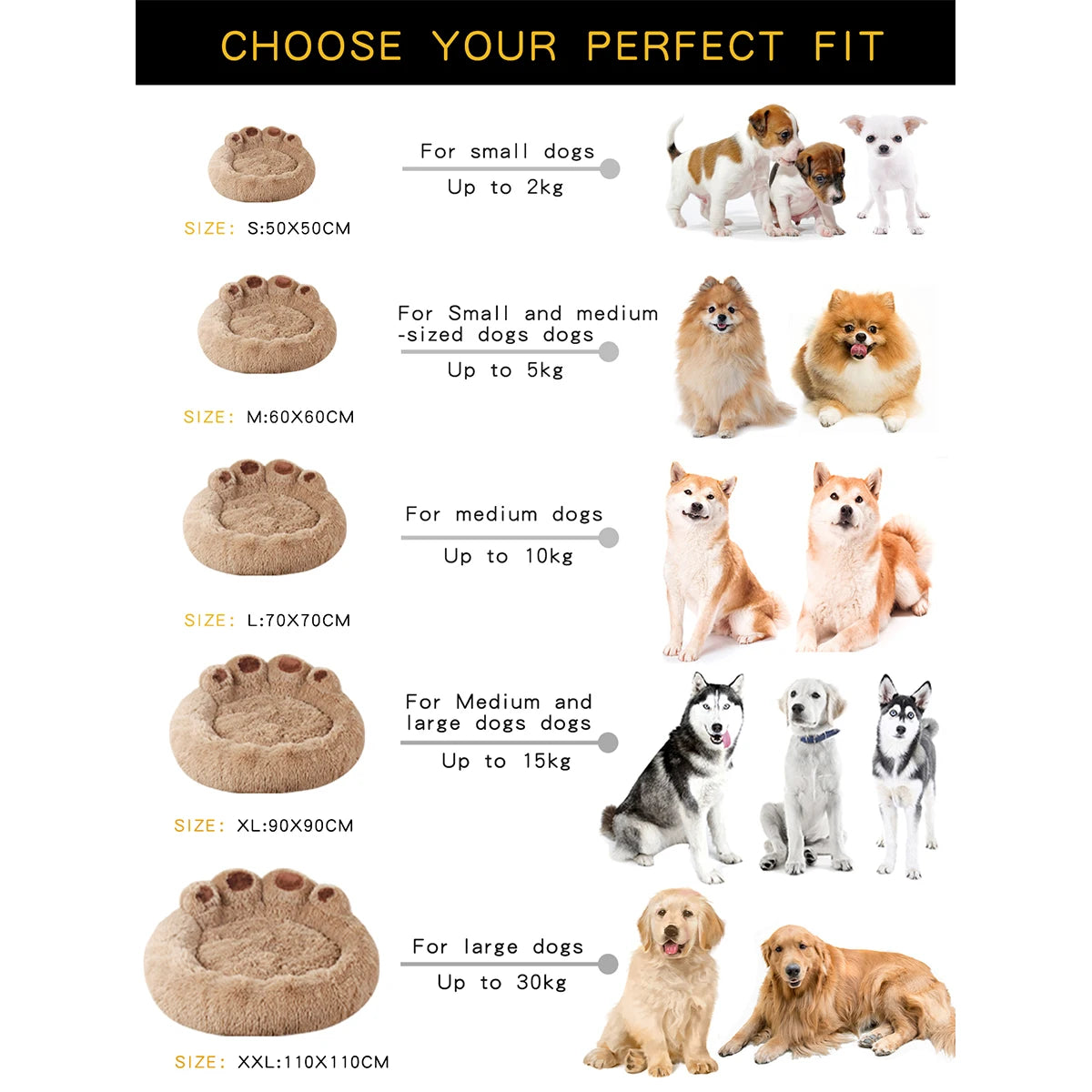 Dog bed size chart with images of dogs and corresponding bed sizes.