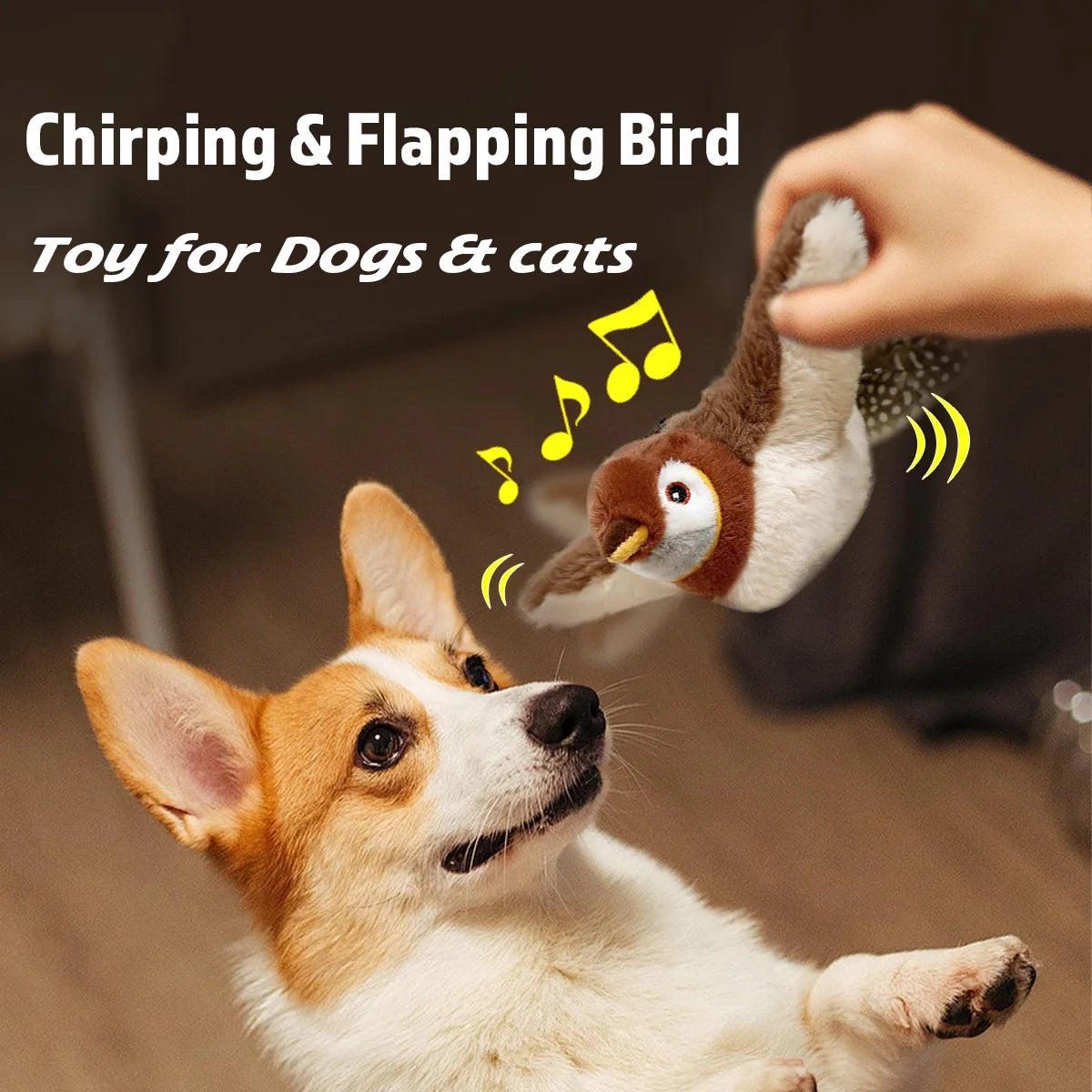 Dog playing with a toy resembling a bird, with text indicating it's for dogs and cats.