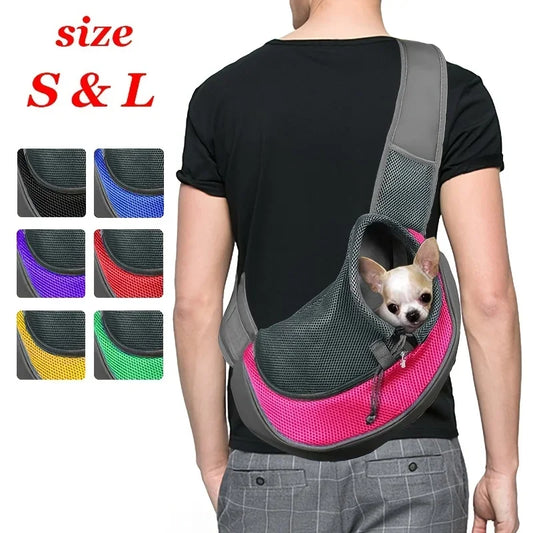 Person wearing a pet carrier with a dog peeking out, showing various color options.