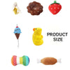 Collection of colorful plush toys shaped like a banana, donut, strawberry, ice cream cone, duck, and candy on a white background.