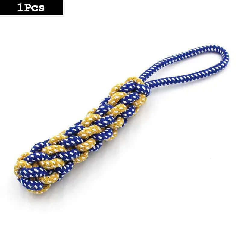 Blue and yellow rope with a knot on a white background