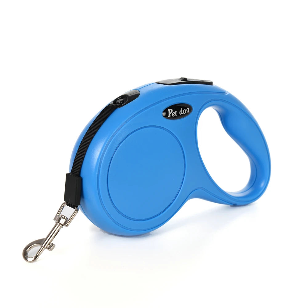 Blue retractable dog leash on a white background