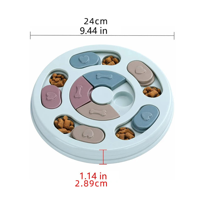 Round pet toy with compartments filled with treats, showing measurements on a white background.