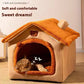 Cat sleeping in a cozy pet house with text 'Soft and comfortable Sweet dreams!'