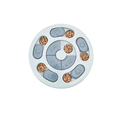 Pet puzzle toy with food compartments on a white background