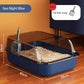 Cat litter box with dimensions and a cat litter scoop on a wooden floor.