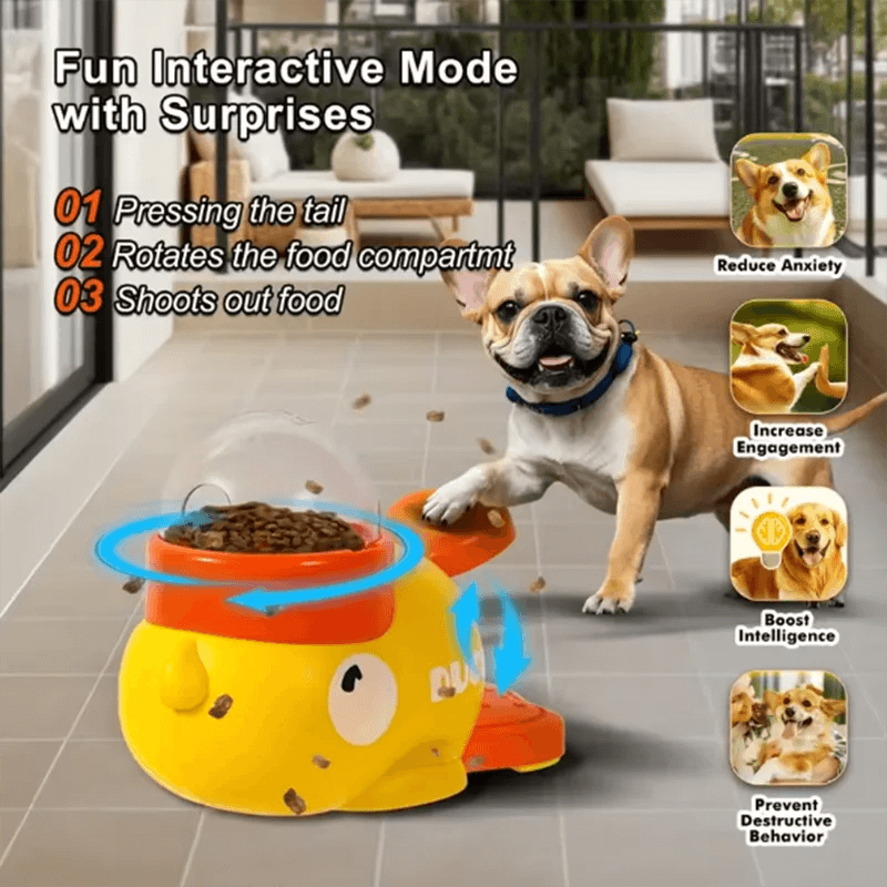 Dog toy with food compartment and a dog interacting with it, set against an outdoor background.