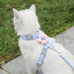 White cat wearing a light blue harness with a pink flower accessory outdoors.