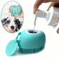 Pet grooming tool with a close-up of a dog's face and a hand pouring liquid into the tool.