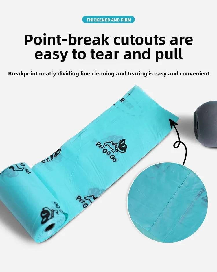 Teal plastic bag with text on a white background